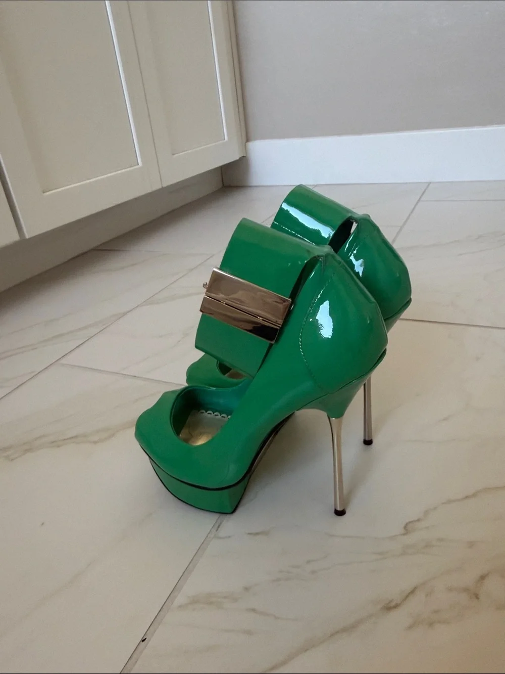 bebe Patent Peep-Toe Platform Pumps Ankle Cuff